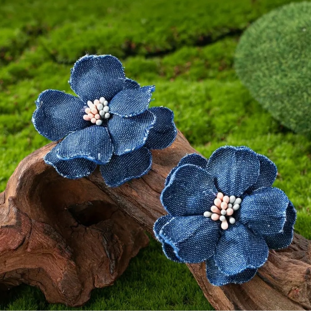 Blue Denim Flower Earrings